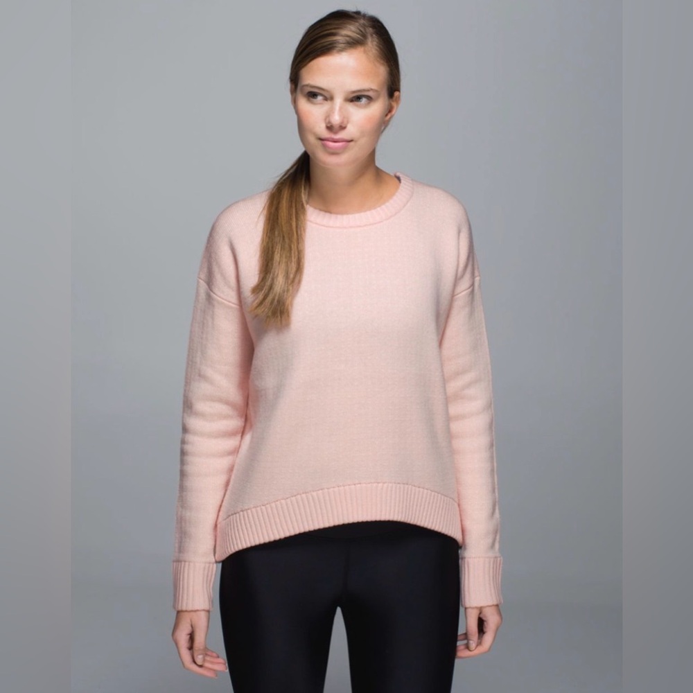 LULULEMON Yogi Merino Wool 💕Hearts💕 Crew Sweater in Parfait Pink / White